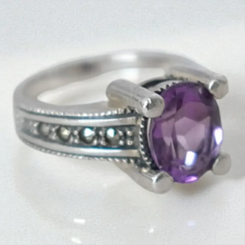 Judith Jack JJ 925 Sterling Silver Amethyst Marcasite Art Deco Ring Size 6.75
